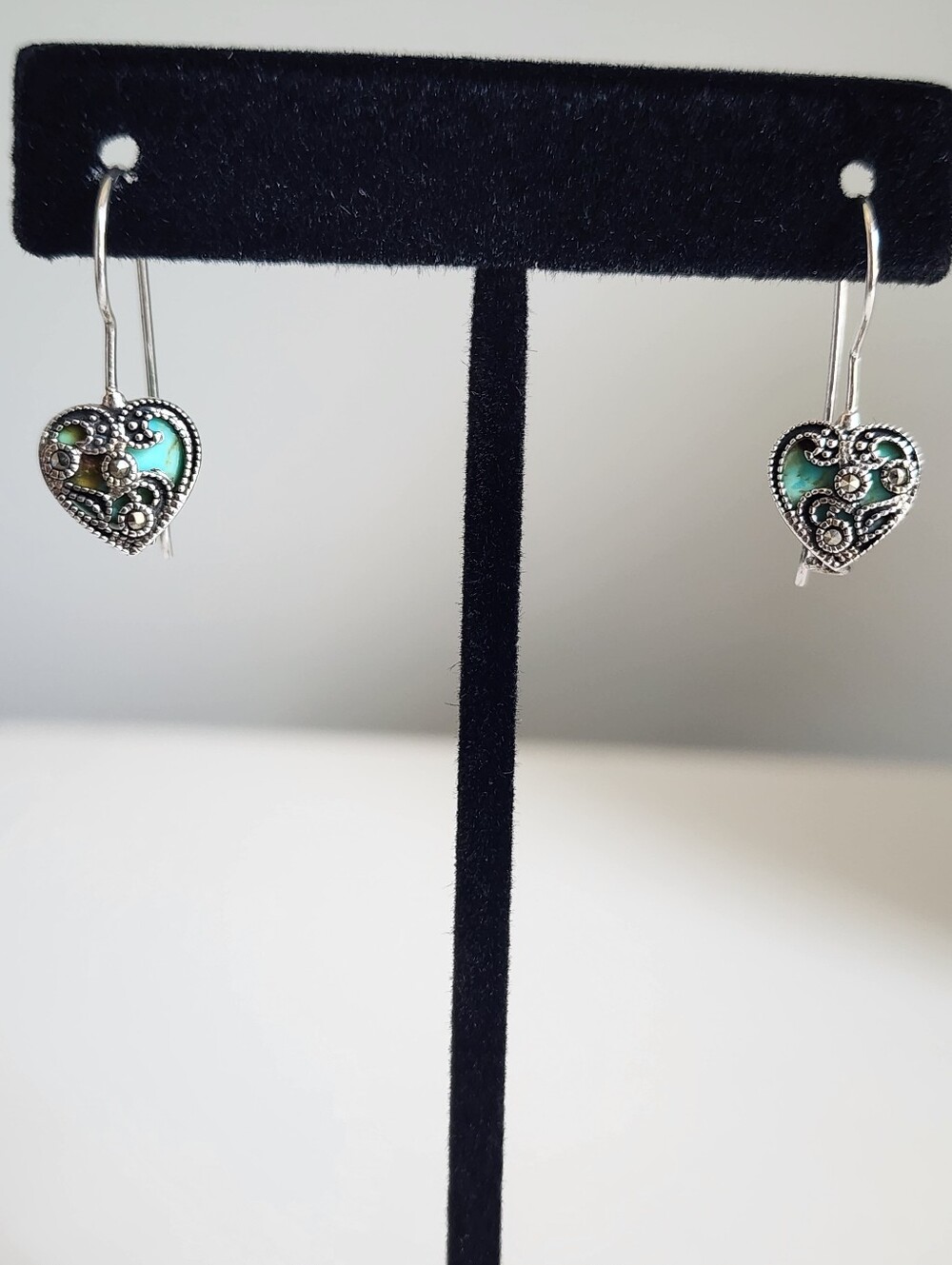 Vintage 90s Sterling Silver 925 Marcasite Turquoise Heart Dangle Earrings